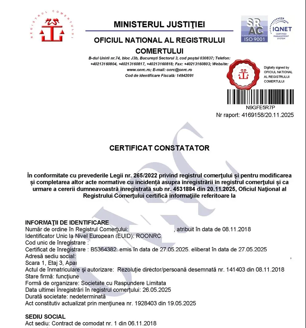 Exemplu orientativ de certificat constatator ONRC